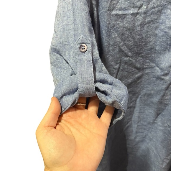 Chico's Blue Linen Blend Shirt Dress with Side Vent Buttons Roll Tab Sleeve - Picture 2 of 12